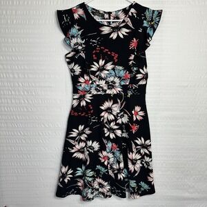 iHOT Womens L Floral Fit Flare Dress Ruffle Flutter Sleeve Pockets Black
